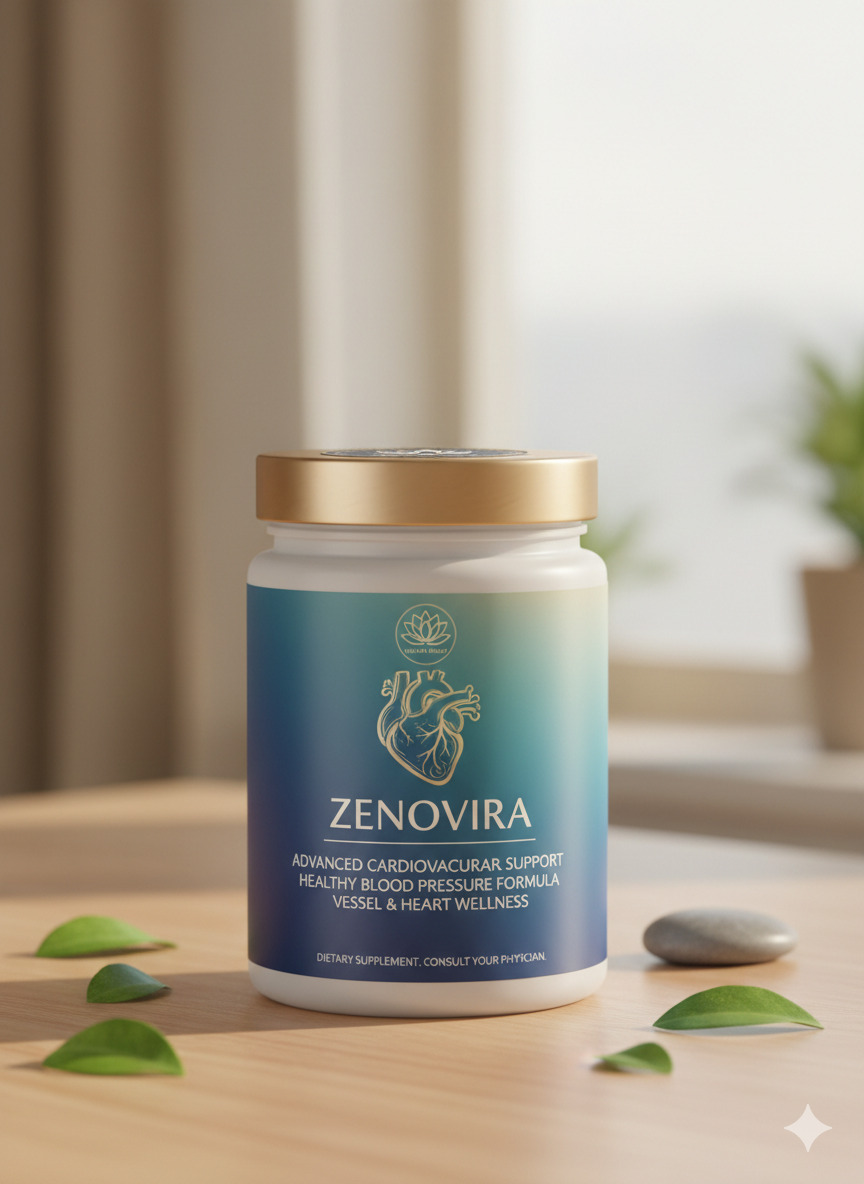 Zenovira plastic supplement bottle with screw cap next to a short drinking glass